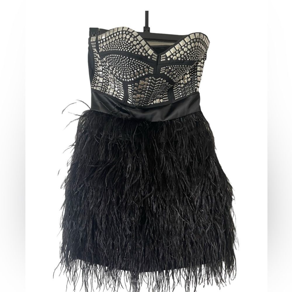 Studded Elegance Feathered Mini Dress